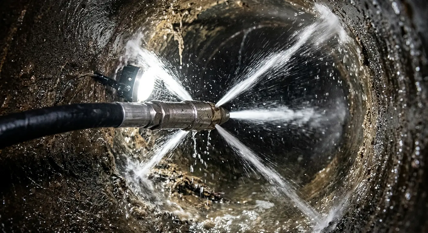 High-pressure hydro jetting nozzle cleaning sewer pipe for Trenchless Sewer Repair in North Huntingdon