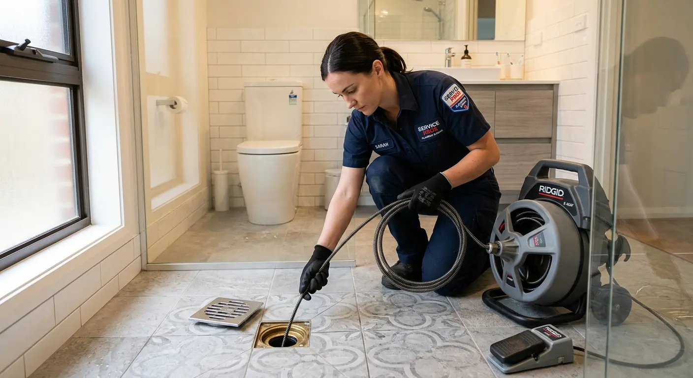 Technician clearing a bathroom floor drain for Clogged Drain Repair in North Huntingdon